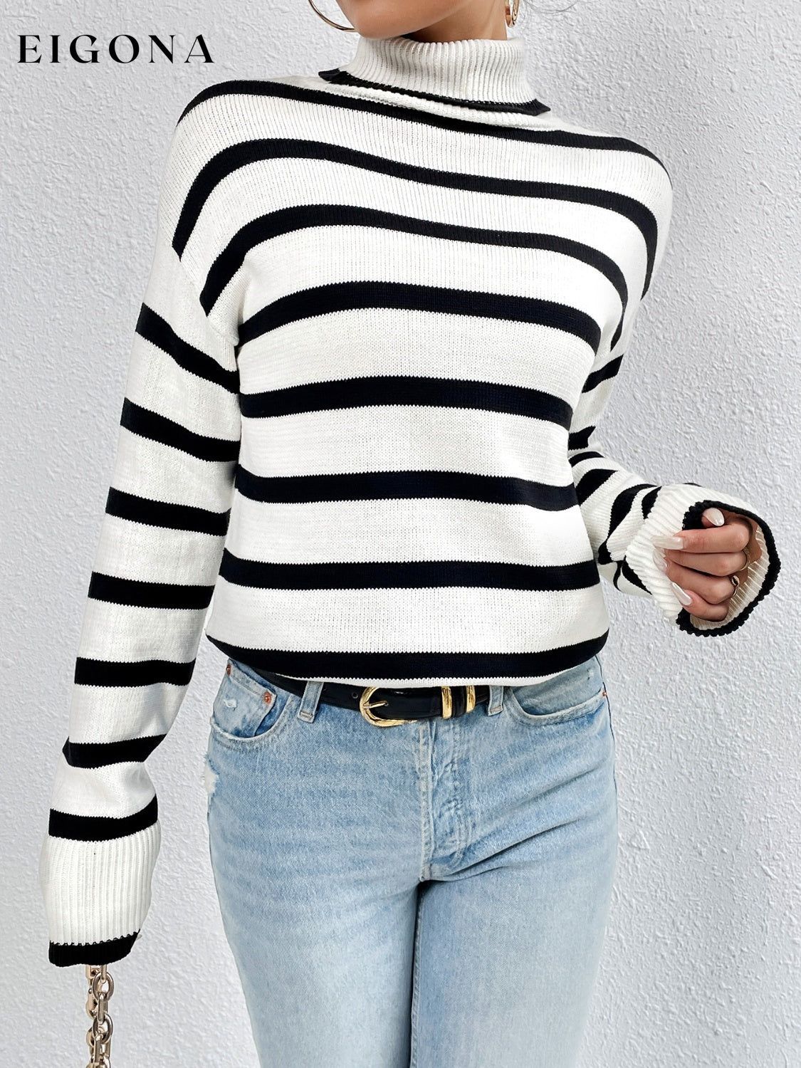 Striped Turtleneck Drop Shoulder Sweater White clothes long sleeve shirt Ship From Overseas striped sweater sweater Yh