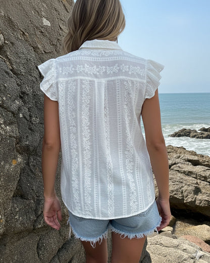Lapel Embroidered Ruffle-Sleeve Blouse