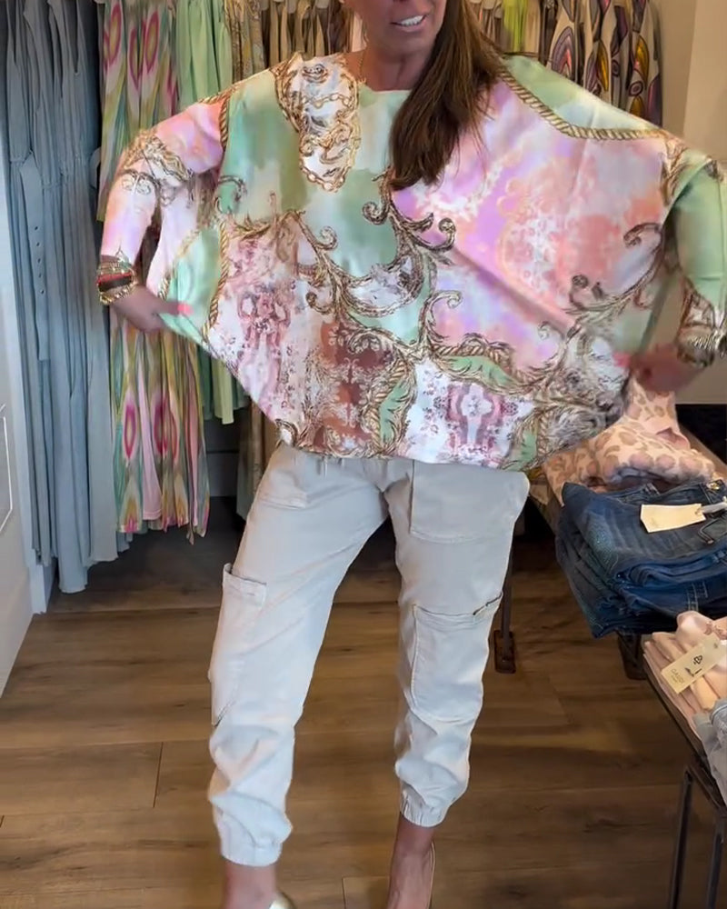 Print Loose Drop Shoulder Long Sleeve Top