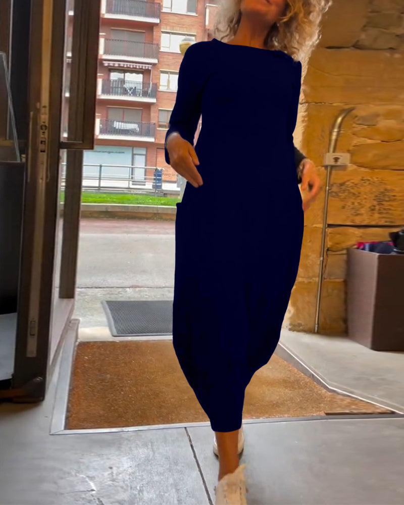 Abito con scollo tondo e maniche lunghe, tascabile, tinta unita