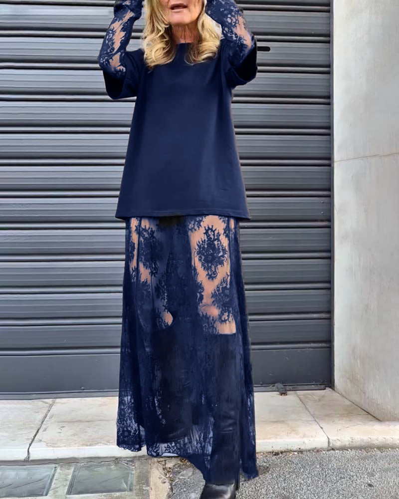 Zweiteiliges Set – einfarbiges T-Shirt und Spitzenrock