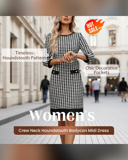 Women's Crew Neck Houndstooth Bodycon Midi Dress
