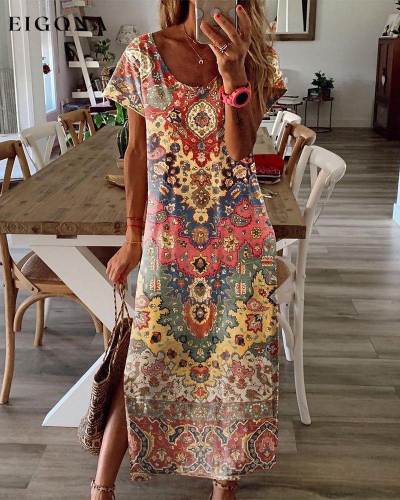 Round neck printed slit dress 23BF Casual Dresses Clothes Dresses SALE Spring Summer