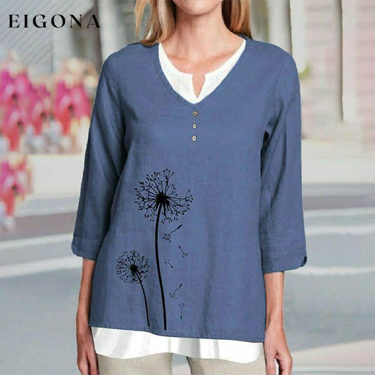 【Cotton And Linen】Dandelion Print Blouse Blue best Best Sellings clothes Cotton and Linen Plus Size Sale tops Topseller