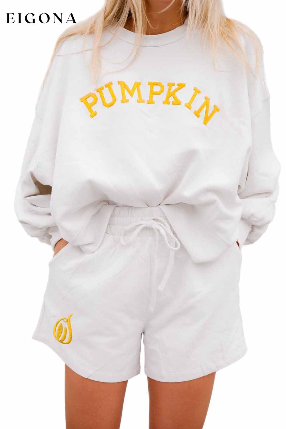 White PUMPKIN Flocking Graphic Pullover Sweatshirt and Shorts Set 2 piece All In Stock clothes Day Halloween halloween Occasion Home Season Fall & Autumn set sweatshirt set