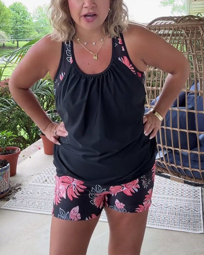 Ärmelloser zweiteiliger Badeanzug mit Kontrastdruck