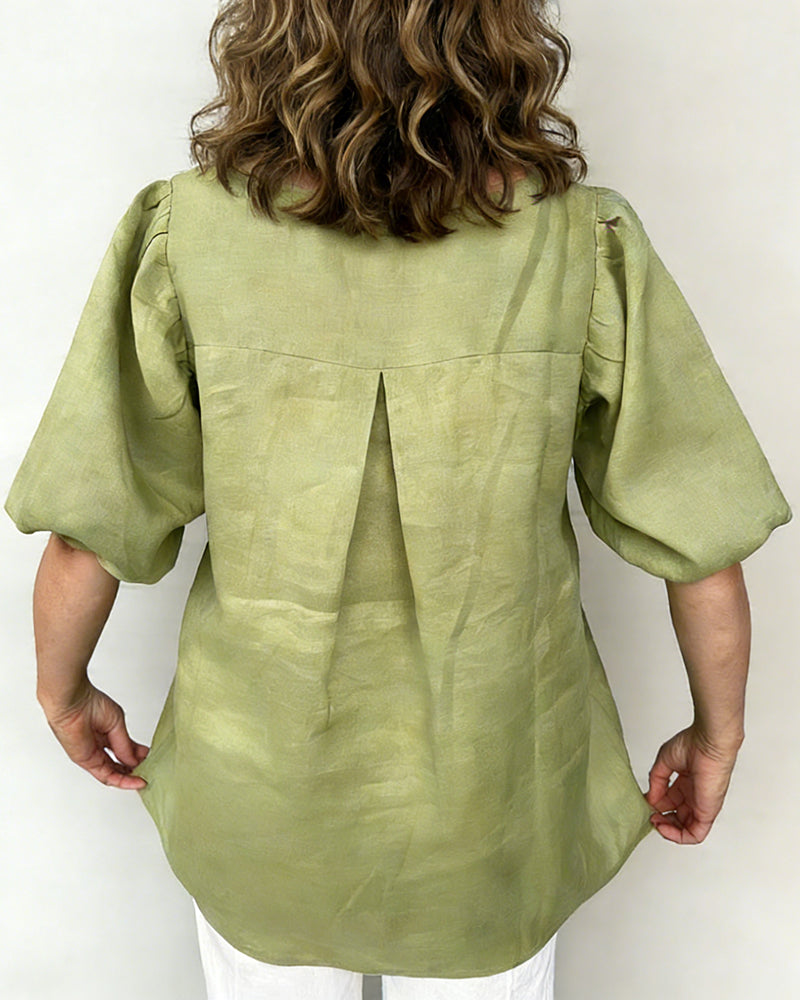 Solid Color V-Neck Puff Sleeve Blouse