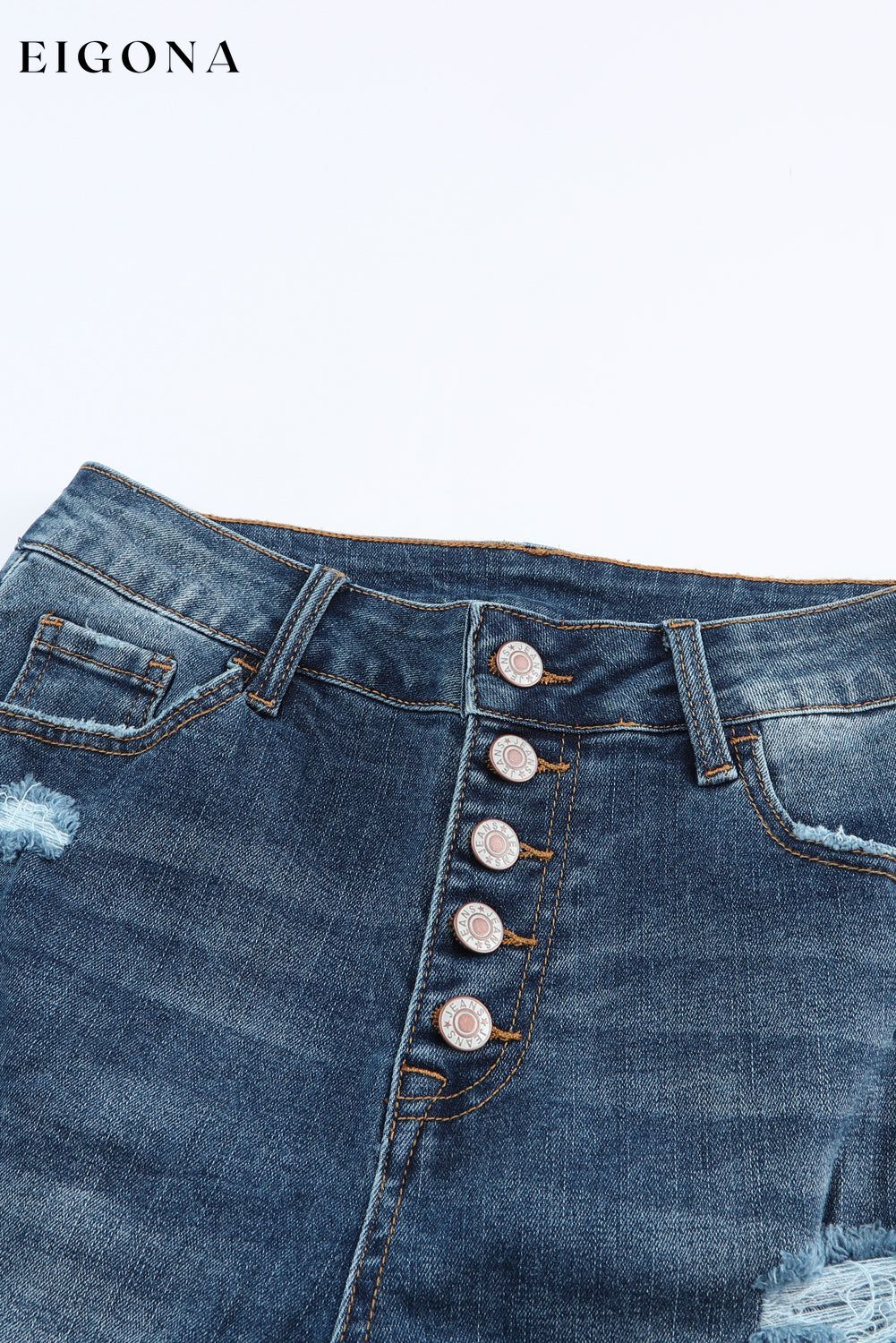 Blue Distressed Button Fly High Waist Skinny Jeans All In Stock Best Sellers bottom clothes Color Blue Craft Distressed Early Fall Collection Fabric Denim Hot picks jeans Occasion Daily pants Season Spring Style Southern Belle