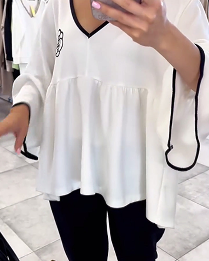 V-Neck Contrast Color Flared Sleeve Blouse