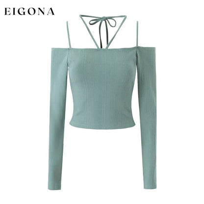 Autumn Two Color off Neck Long Sleeve Knitted T shirt Slim Fit Crop Top Green Beans blouses clothes long sleeve tops off the shoulder shirt shirt shirts top tops