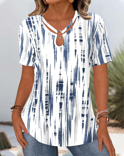 Printed Fashion Hollow Short Sleeve Blouse