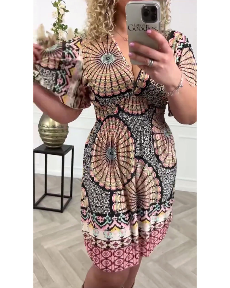 Deep V printed resort dress boho dresses summer