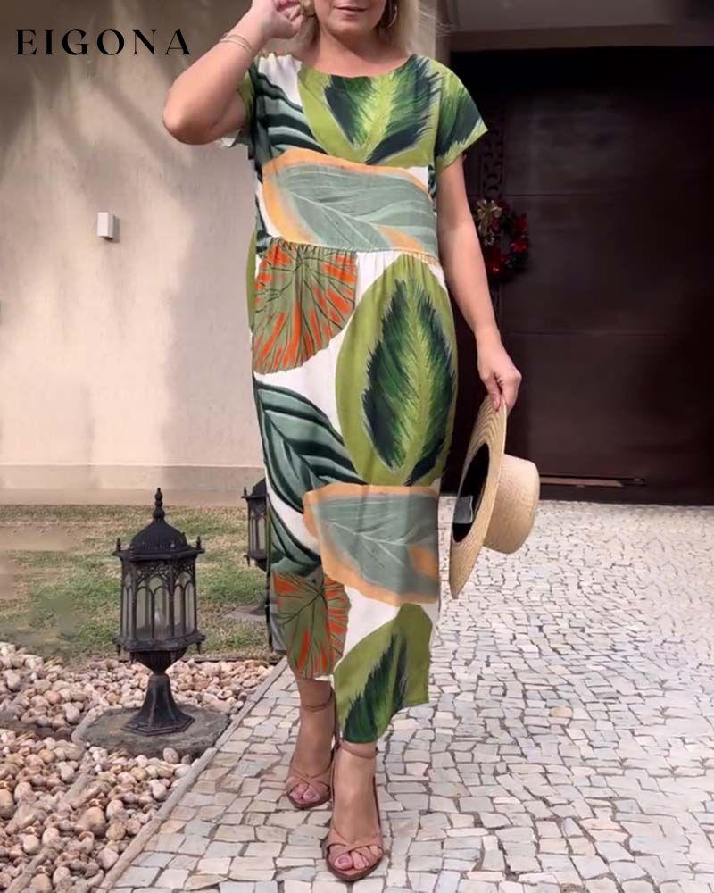 Leaf print short sleeve slit dress casual dresses summer