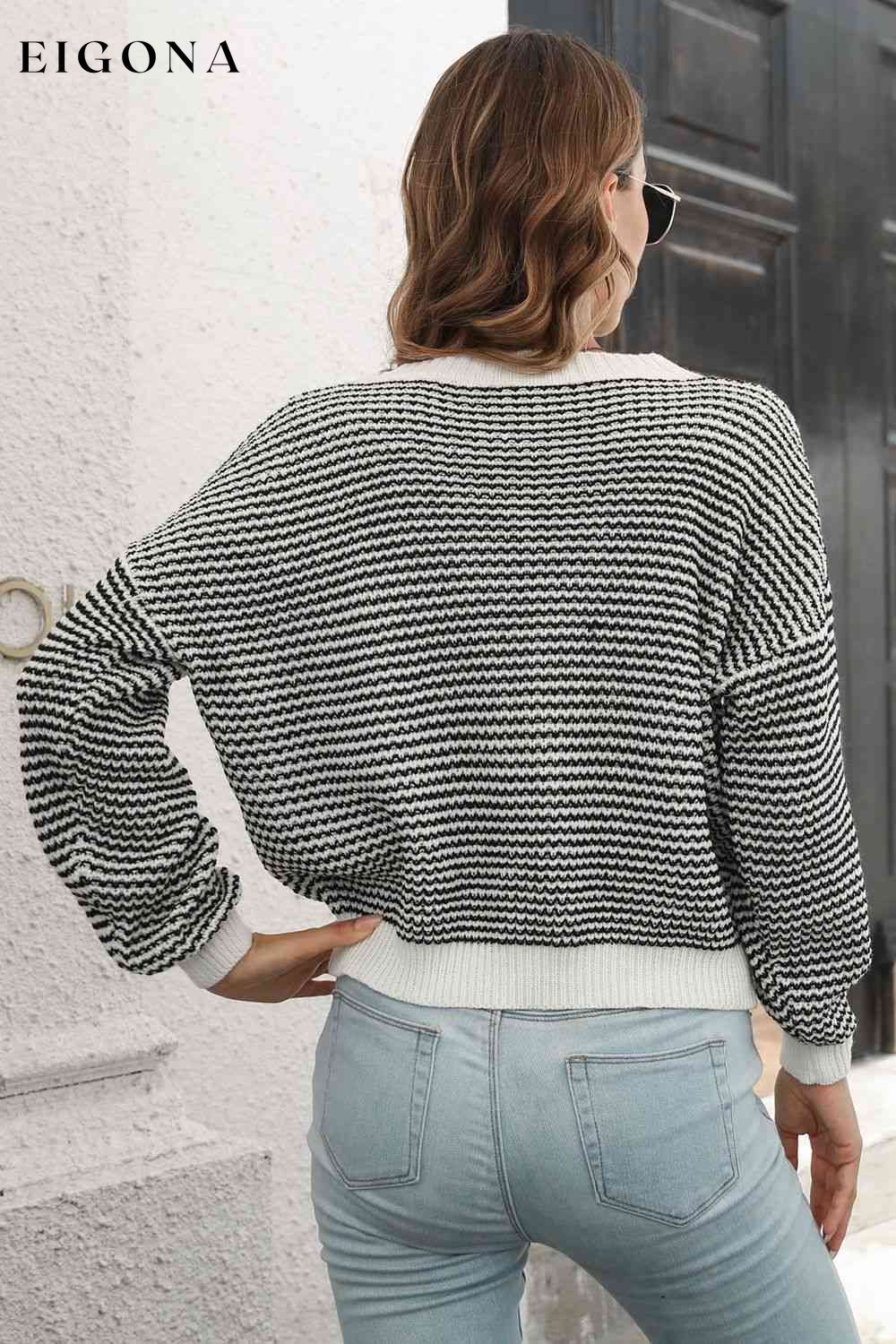 Striped Round Neck Dropped Shoulder Sweater B&S clothes long sleeve shirt long sleeve shirts Ship From Overseas Shipping Delay 09/29/2023 - 10/01/2023