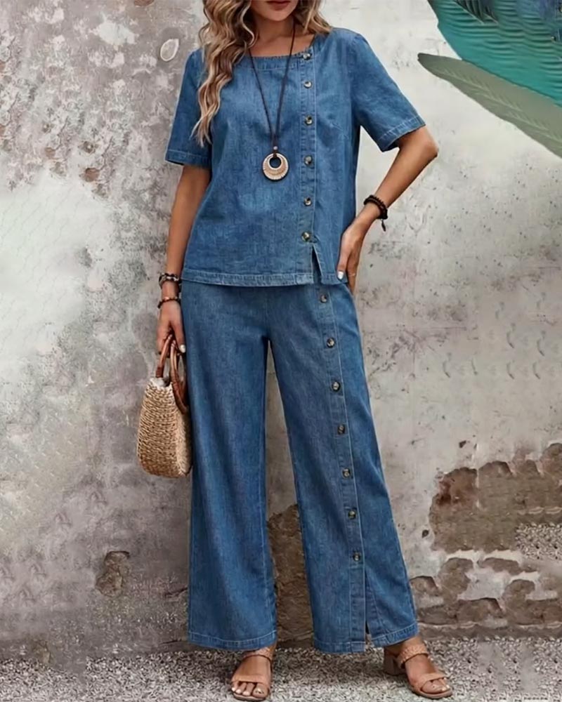 Fashion Side Button Denim Set