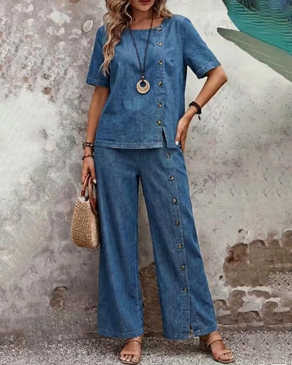 Fashion Side Button Denim Set