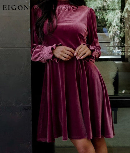 Burgundy Long Sleeve Dress, Smocked High Neck Flounce Sleeve Velvet Dress All In Stock casual dresses clothes Color Pink Day Valentine's Day dress dresses EDM Monthly Recomend Fabric Velvet long sleeve dress long sleeve dresses Occasion Daily Print Solid Color Season Winter short dresses Silhouette A-Line Style Southern Belle