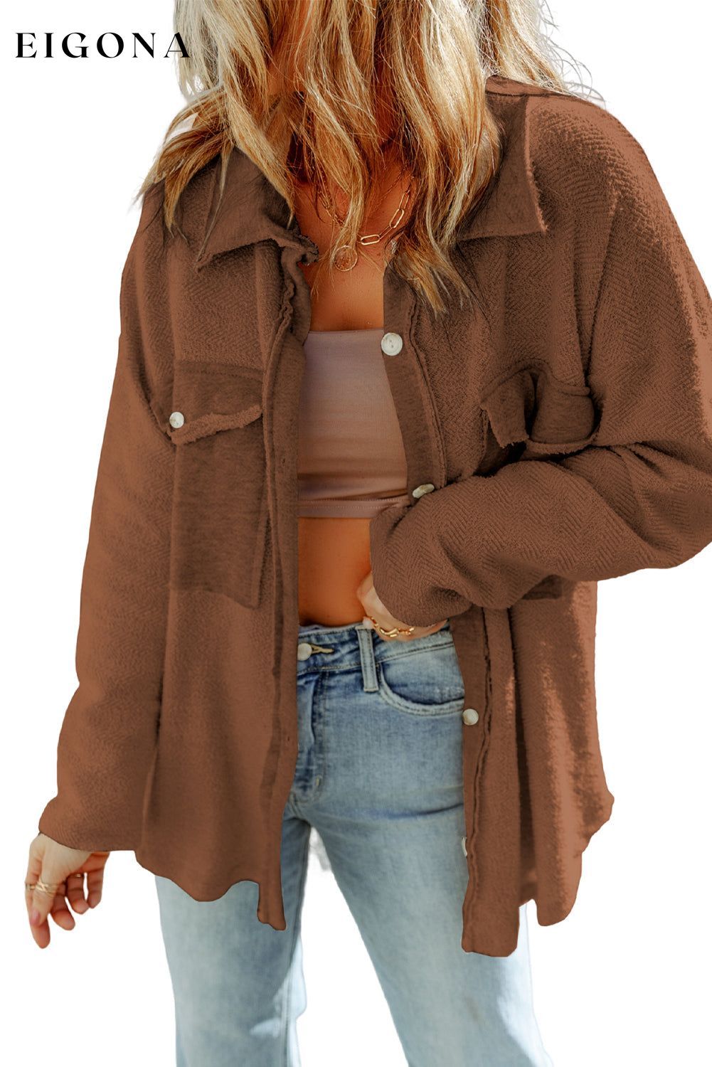 Brown Contrast Flap Pockets Relaxed Shacket All In Stock Best Sellers Category Shacket clothes DL Chic DL Exclusive Hot picks jacket long sleeve shirts Occasion Daily Print Solid Color Season Winter shirt shirts Style Casual