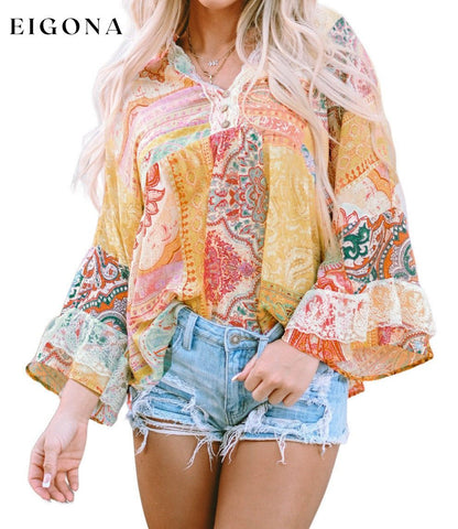 Multicolor Paisley Print Bell Sleeve Lace V-Neck Button Sheer Blouse All In Stock Best Sellers clothes Early Fall Collection long sleeve shirt long sleeve shirts long sleeve top long sleeve tops Occasion Daily Print Paisley Season Spring shirt shirts Style Bohemian top tops