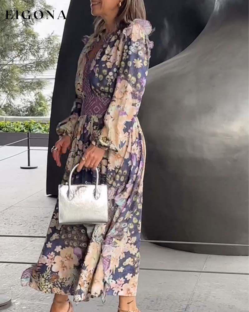 Elegant waisted V-neck floral long dress casual dresses spring summer