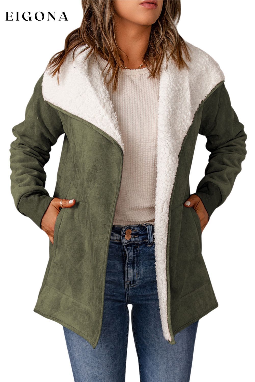 Green Faux Suede Fleece Lined Open Front Jacket clothes Color Green DL Chic DL Exclusive Fabric Fleece Jackets & Coats Occasion Daily Print Solid Color Season Winter Style Casual