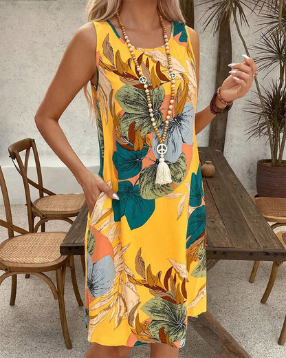 Sleeveless leaf print dress casual dresses summer