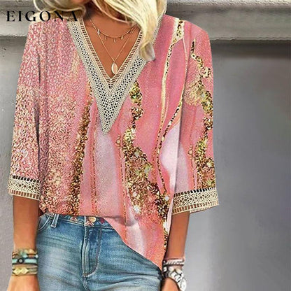 Casual V-Neck Lace Blouse Pink best Best Sellings clothes Plus Size Sale tops Topseller