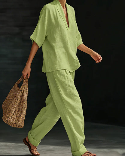 V-Neck Short Sleeve Cotton Linen Set