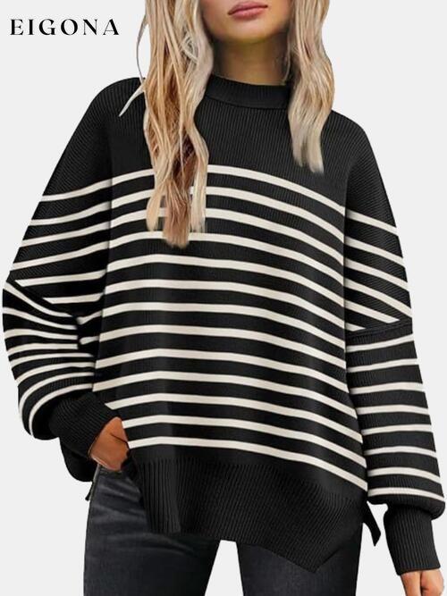 Round Neck Drop Shoulder Slit Sweater Black White clothes R.T.S.C Ship From Overseas Sweater sweaters Sweatshirt