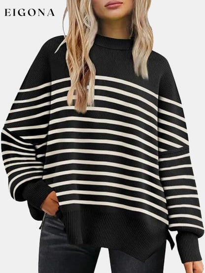 Round Neck Drop Shoulder Slit Sweater Black White clothes R.T.S.C Ship From Overseas Sweater sweaters Sweatshirt
