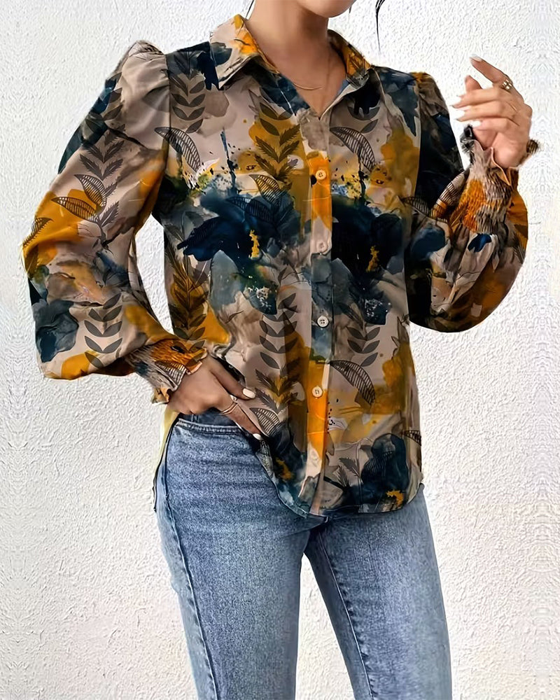 Smocked Long Sleeve Printed Blouse