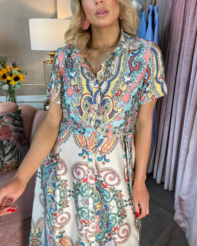 Elegant printed slit lapel short-sleeve dress casual dresses summer