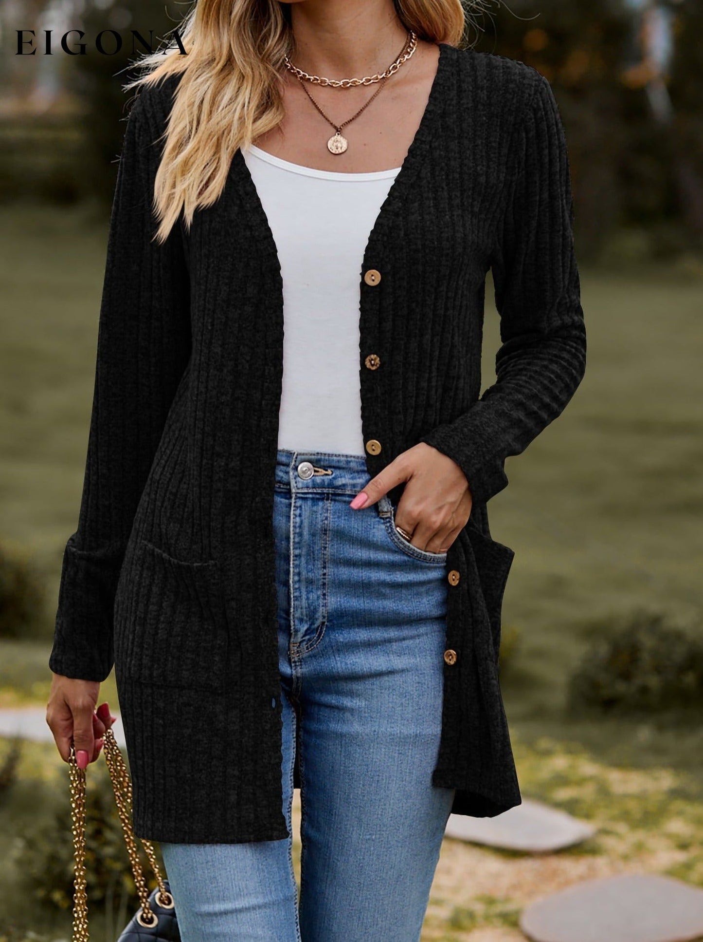 Ribbed Button-UP Cardigan with Pockets cardigan clothes Lamy long sleeve Ship From Overseas Shipping Delay 09/29/2023 - 10/02/2023 top