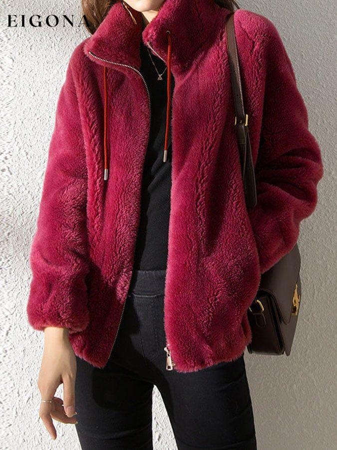 Casual Solid Fleece Stand Collar Zip Coat sweatshirts top tops winter sale