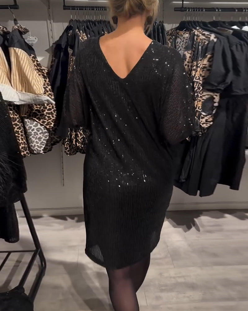 V-neck bat sleeve sequined shift dress 2024 f/w casual dresses christmas