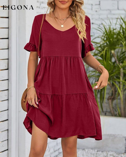 V-neck Dress with Ruffle Sleeves Burgundy 23BF Casual Dresses Clothes Dresses Summer