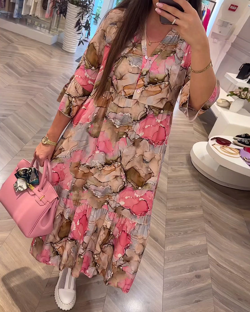 V-neck soft loose dress with print Pink casual dresses summer