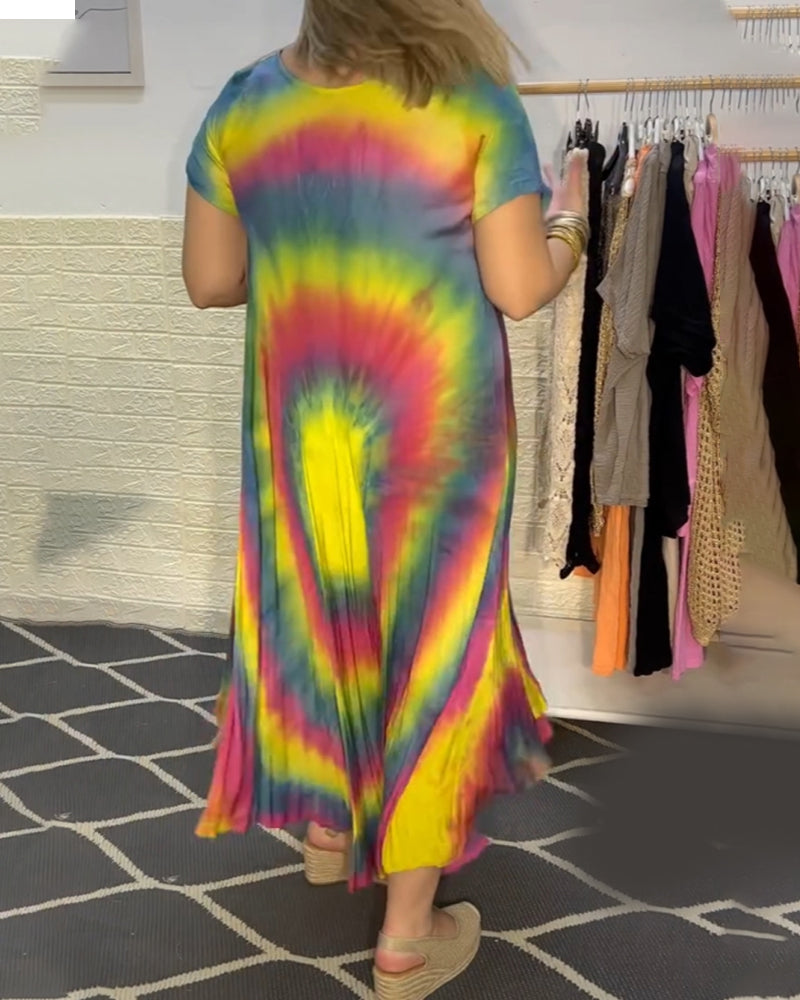 Colorful tie-dye V-neck short-sleeved dress casual dresses summer