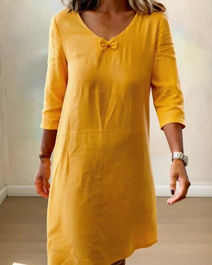Bow V-Neck Linen Dress