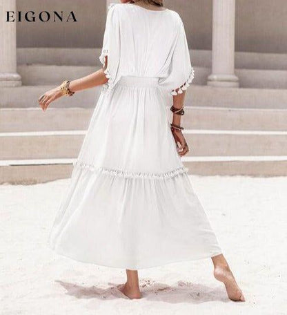 Tassel Trim Smocked V-Neck Short Sleeve Maxi Dress casual dresses clothes dress dresses H.R.Z long sleeve dress maxi dress Ship From Overseas short dress short sleeve short sleeve dress short sleeve dresses