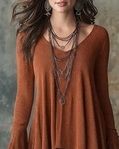 Flared Long Sleeve Asymmetrical Hem Top