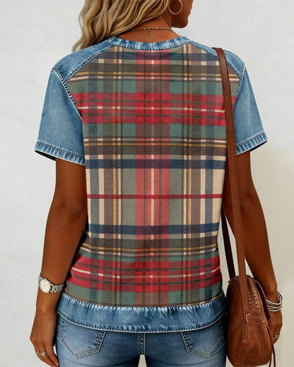 Denim Patchwork Vintage Plaid T-Shirt