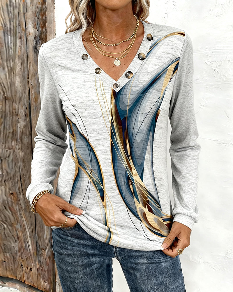 Printed V-Neck Long-Sleeved Casual Top