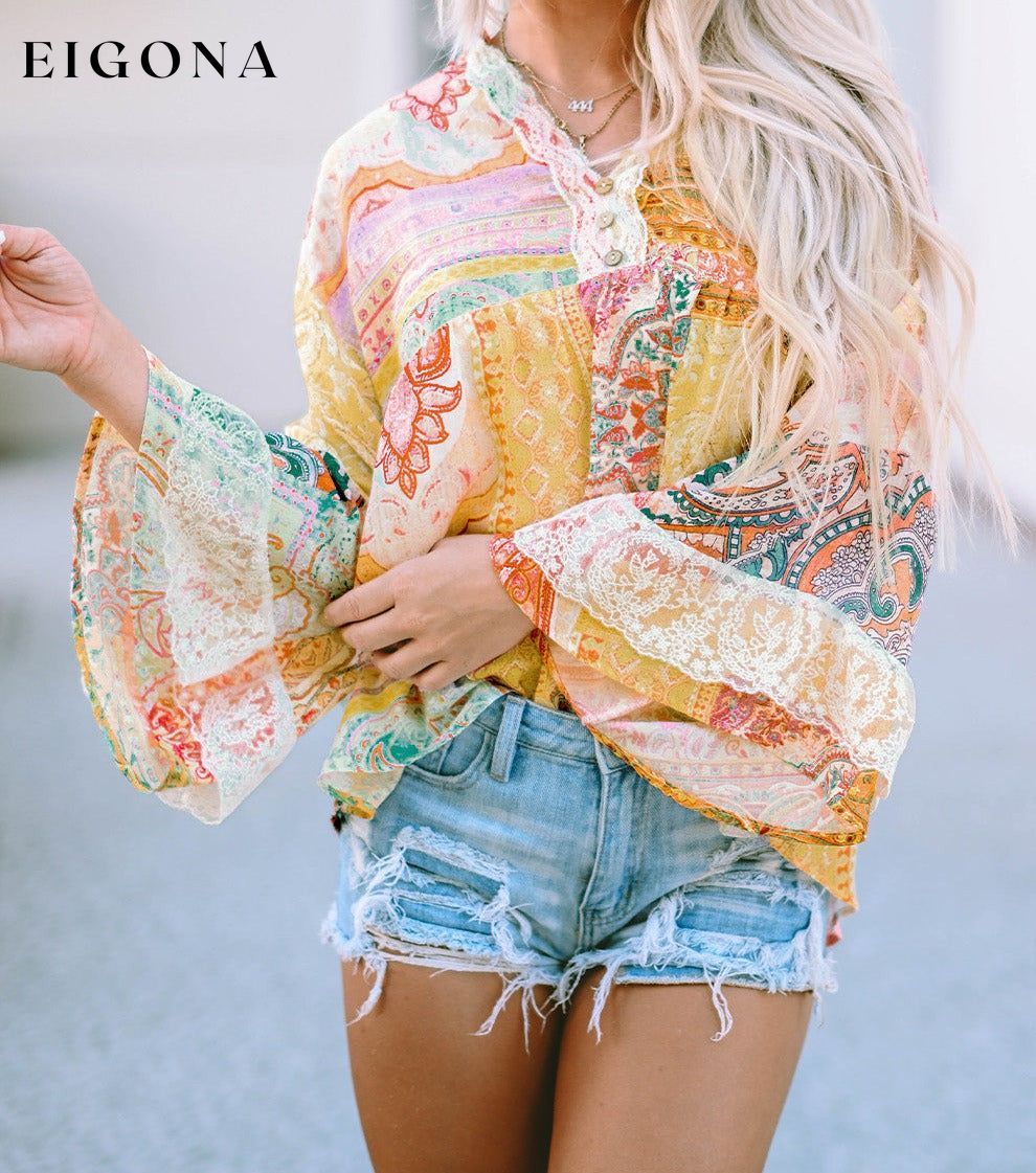 Multicolor Paisley Print Bell Sleeve Lace V-Neck Button Sheer Blouse All In Stock Best Sellers clothes Early Fall Collection long sleeve shirt long sleeve shirts long sleeve top long sleeve tops Occasion Daily Print Paisley Season Spring shirt shirts Style Bohemian top tops