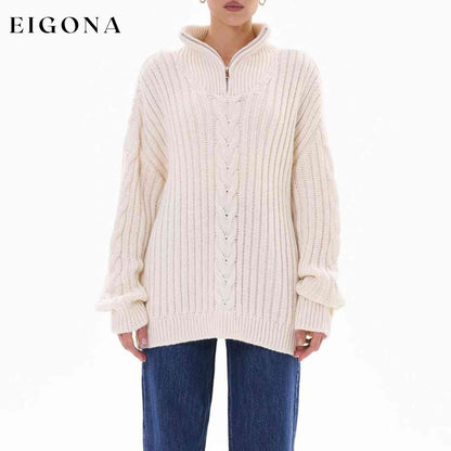 Ribbed Half Zip Long Sleeve Sweater White clothes S.X Ship From Overseas
