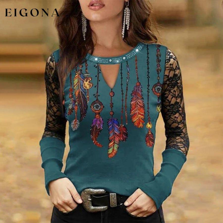 Ladies Fashion Retro Lace Stitching Printed Long Sleeve Top top tops