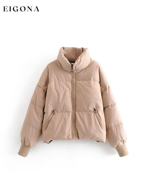 Zip Up Drawstring Winter Coat with Pockets Khaki clothes K&BZ Ship From Overseas