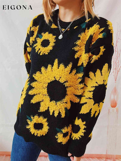 Sunflower Dropped Shoulder Long Sleeve Sweater Black clothes S.X Ship From Overseas