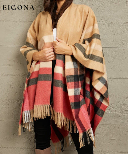 Plaid Shawl Poncho Cardigan Khaki One Size cardigan clothes e.Luna Ship from USA sweater sweaters trend