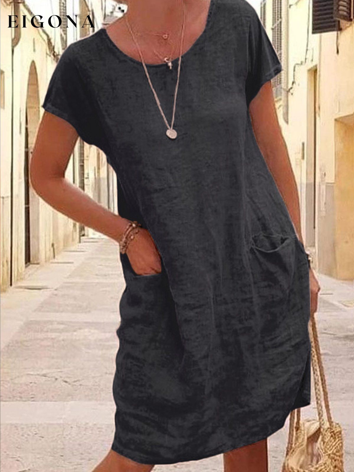 Women's Loose Round Neck Cotton Short Dress